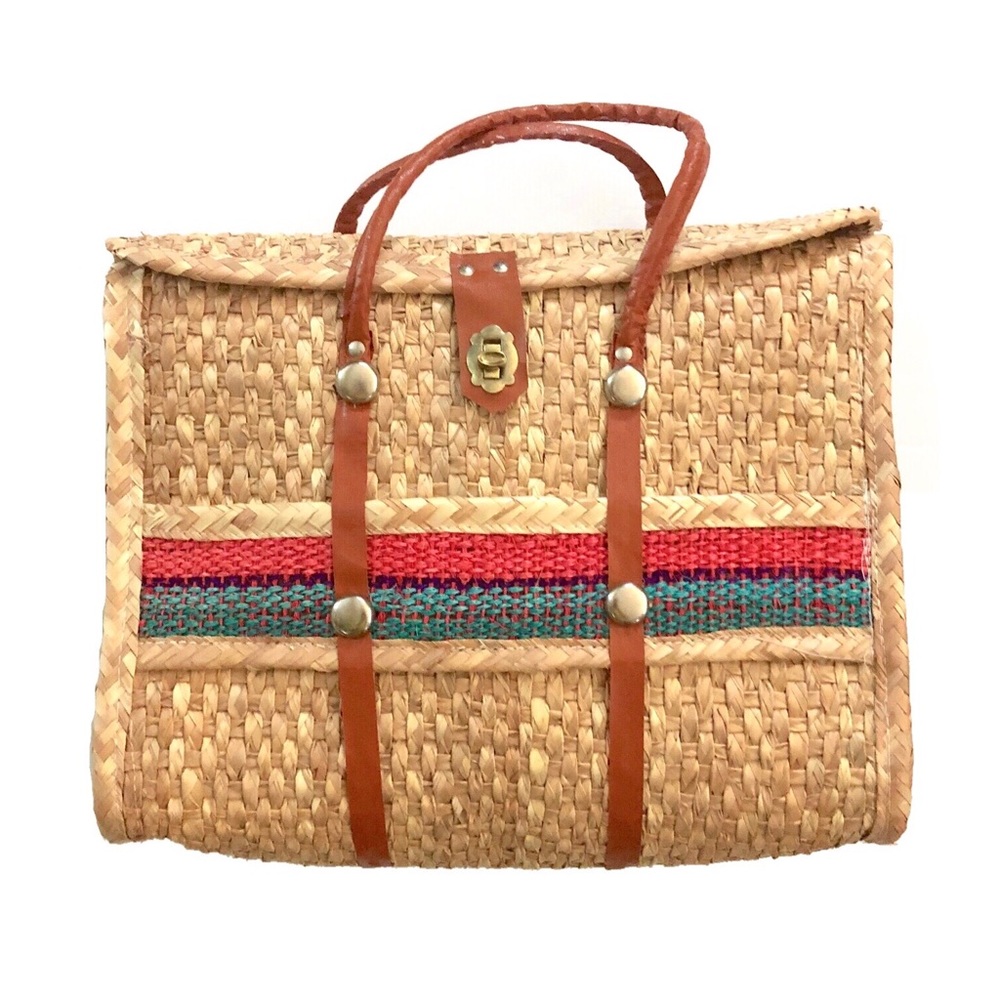 Stylish Tan Tote Bag with Red and Green Accents
